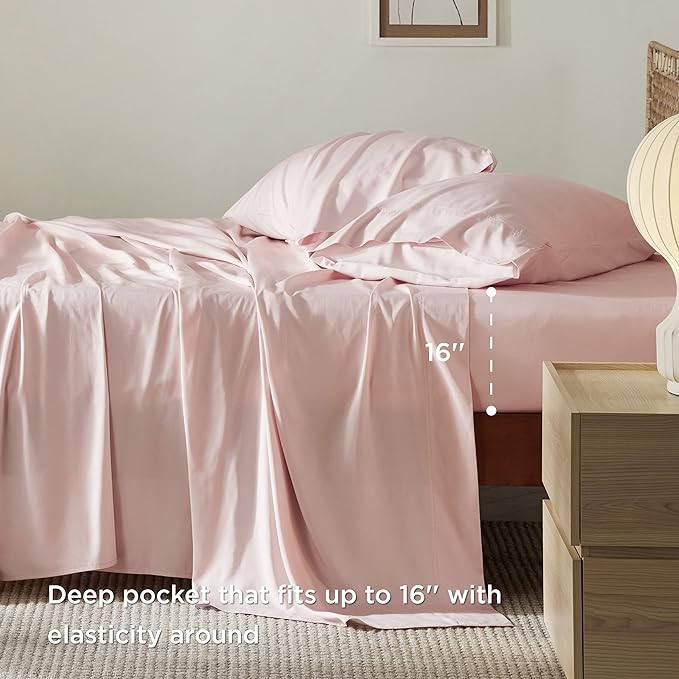Bedsure King Size Sheet Set, Cooling Sheets King, Rayon Derived from Bamboo, Deep Pocket Up to 16", Breathable & Soft Bed Sheets, Hotel Luxury Silky Bedding Sheets & Pillowcases, Pink - LeafyLoom