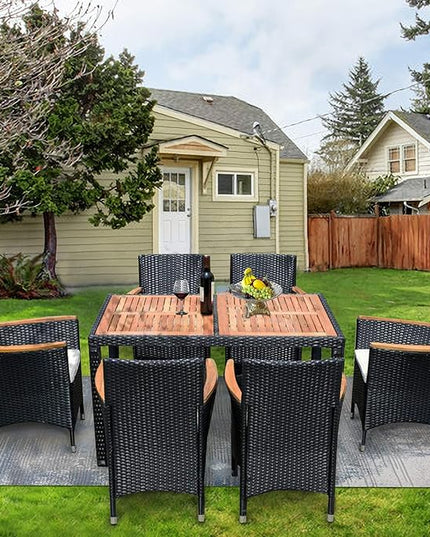 7-Piece Outdoor Dining Table Set with Acacia Wood TableTop and 6 Chairs, Rattan Wicker Patio Furniture for Garden Backyard Poolside, Onesize, Black - LeafyLoom