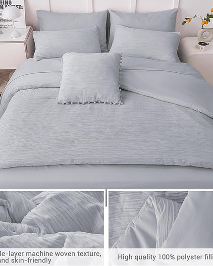 8 Piece Woven Texture Grey Comforter Queen Size, Bed in A Bag Bedding Sets Queen with Comforter and Sheets, Soft Lightweight Comforter Set with Deocor Throw Pillow, Grey - LeafyLoom