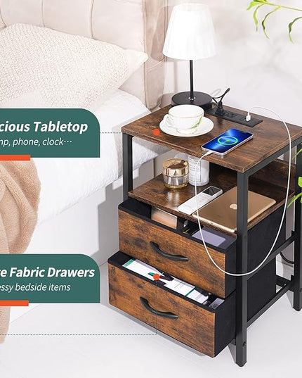 Yoobure Nightstand with Charging Station, LED Night Stand with Fabric Drawers and Storage Shelf for Bedroom, Nightstands Bedside Tables with USB Ports & Outlets, Small Night Stands, Bed Side Table - LeafyLoom