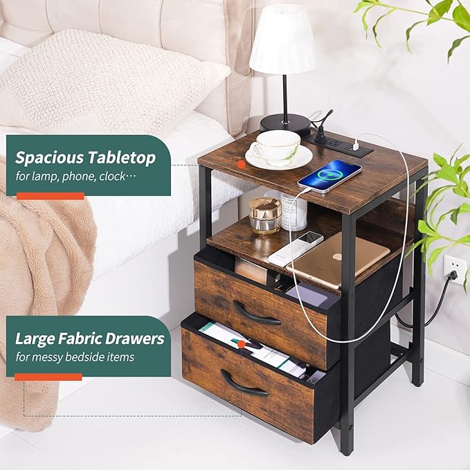 Yoobure Nightstand with Charging Station, LED Night Stand with Fabric Drawers and Storage Shelf for Bedroom, Nightstands Bedside Tables with USB Ports & Outlets, Small Night Stands, Bed Side Table - LeafyLoom