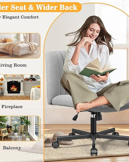 Armless Office Chair with Wheels, Ergonomic Wide Seat Fabric Cross Legged Desk Chair, Swivel Computer Chair for Home Office, Modern Vanity Chair Light Gray - LeafyLoom