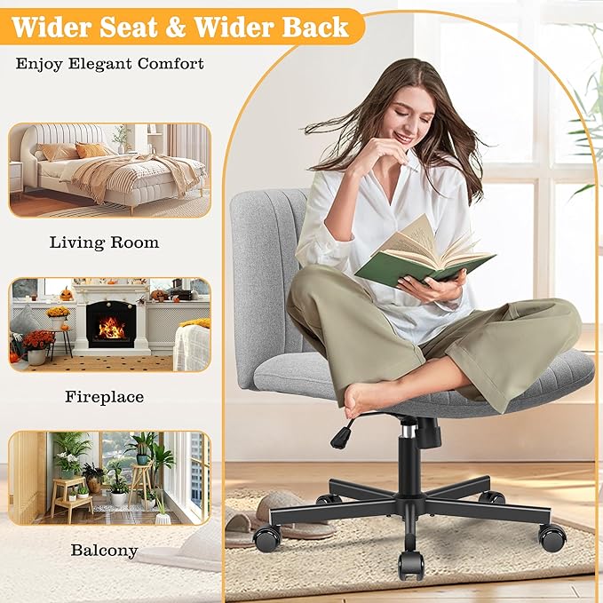 Armless Office Chair with Wheels, Ergonomic Wide Seat Fabric Cross Legged Desk Chair, Swivel Computer Chair for Home Office, Modern Vanity Chair Light Gray - LeafyLoom