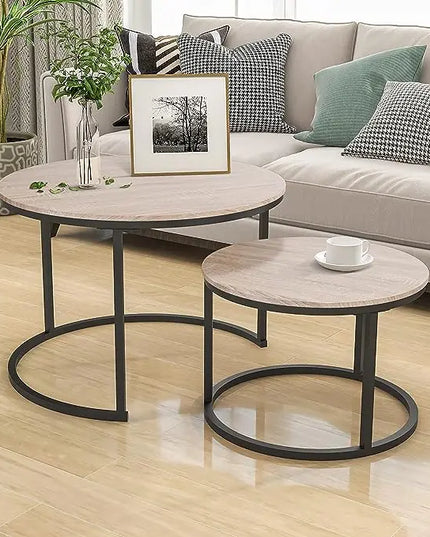 Industrial Round Coffee Table Set of 2 End Table for Living Room,Stacking Side Tables, Sturdy and Easy Assembly,Wood Look Accent Furniture with Metal Frame,Black+Teak Oak - LeafyLoom