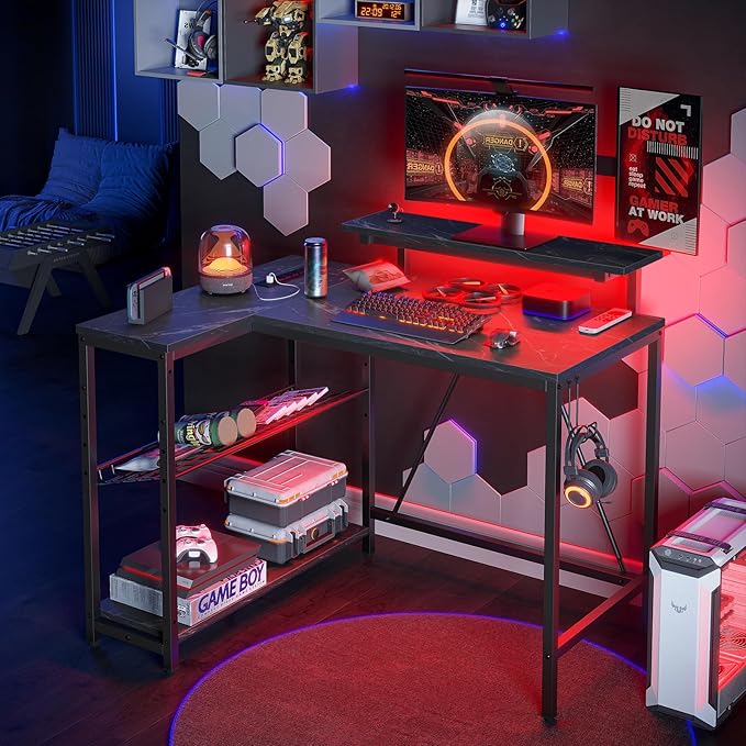 Bestier Small Gaming Desk with Power Outlets,42 L Shaped LED Computer Desk with Monitor Stand Reversible Storage Shelves,Corner Gamer Desk with Headset Hooks USB Port,Black Marble - LeafyLoom