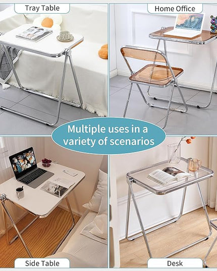 KAIHAOWIN Small Folding Table- Acrylic Morden TV Tray for Snack Dinner on Couch, Tiny Foldable Desk Writing Desk for Home Office for Small Spaces No Assembly Required - LeafyLoom
