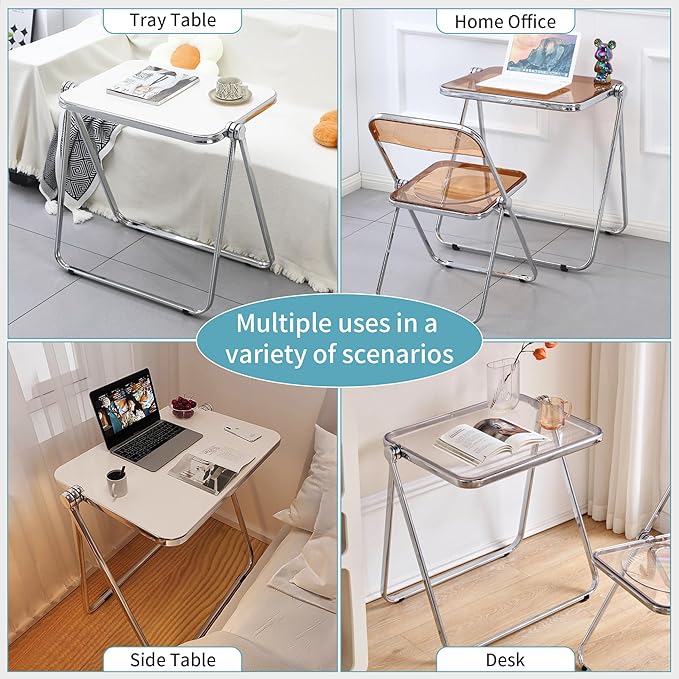 KAIHAOWIN Small Folding Table- Acrylic Morden TV Tray for Snack Dinner on Couch, Tiny Foldable Desk Writing Desk for Home Office for Small Spaces No Assembly Required - LeafyLoom