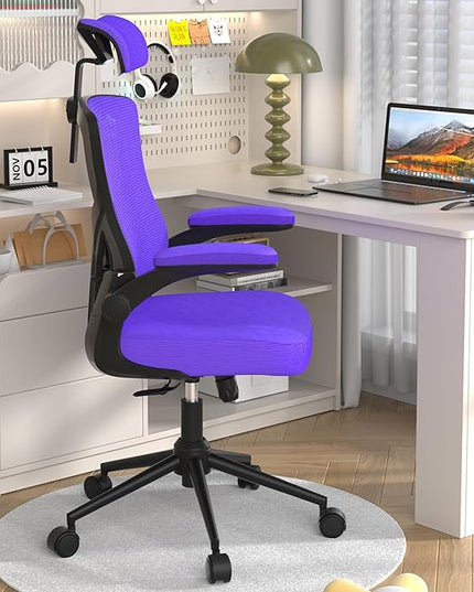 𝑯𝑶𝑴𝑬 𝑶𝑭𝑭𝑰𝑪𝑬 𝑪𝑯𝑨𝑰𝑹, Ergonomic Mesh Desk Chair, High Back Computer Chair- Adjustable Headrest with Flip-Up Arms, Lumbar Support, Swivel Executive Task Chair (Modern, Blue Violet) - LeafyLoom