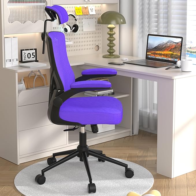 𝑯𝑶𝑴𝑬 𝑶𝑭𝑭𝑰𝑪𝑬 𝑪𝑯𝑨𝑰𝑹, Ergonomic Mesh Desk Chair, High Back Computer Chair- Adjustable Headrest with Flip-Up Arms, Lumbar Support, Swivel Executive Task Chair (Modern, Blue Violet) - LeafyLoom