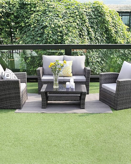 4 Piece Patio Furniture Sets, All-Weather Wicker Conversation Sets, Outdoor Rattan Sectional Sofa Chair with Cushions and Coffee Table for balcony, garden, backyard, Grey - LeafyLoom