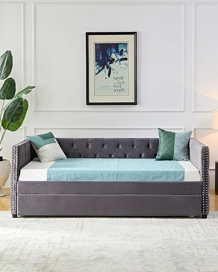 Twin Size Velvet Upholstered Daybed with Twin Trundle, Solid Wood Sofa Bed w/Button Tufted Backrest, for Living Room, Bedroom, Dorm, No Box Spring Needed, Space-Saving Design, Grey - LeafyLoom