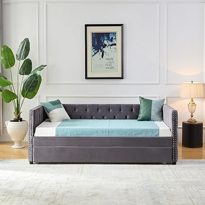 Twin Size Velvet Upholstered Daybed with Twin Trundle, Solid Wood Sofa Bed w/Button Tufted Backrest, for Living Room, Bedroom, Dorm, No Box Spring Needed, Space-Saving Design, Grey - LeafyLoom