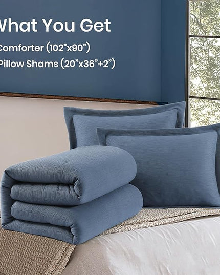 Grey Blue King Size Comforter Set, Modern Comforter for Crinkle Design King Bed Set, King Bedding Set 3 Piece with Minimalist Comforter & Shams (King, 102"x90",Blue) - LeafyLoom