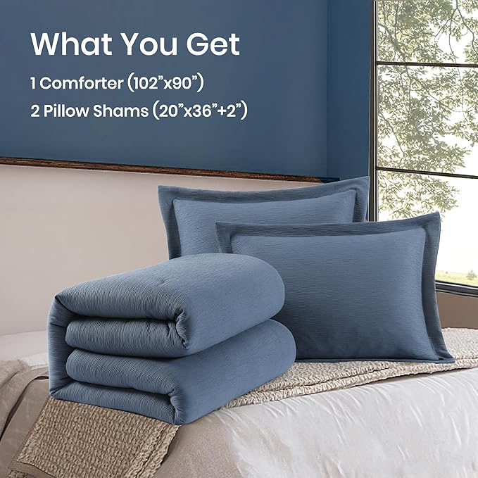 Grey Blue King Size Comforter Set, Modern Comforter for Crinkle Design King Bed Set, King Bedding Set 3 Piece with Minimalist Comforter & Shams (King, 102"x90",Blue) - LeafyLoom