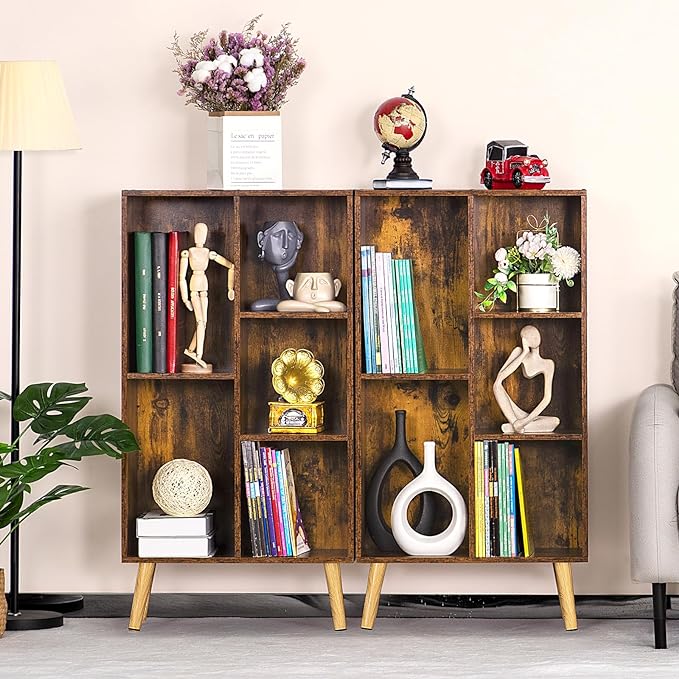 LEYAOYAO 5 Cube Small Bookshelf,3 Tier Mid-Century Bookcase with Legs,Wood Bookshelves Storage Organizer Shelf,Narrow Book Shelves,Brown Bookcases - LeafyLoom