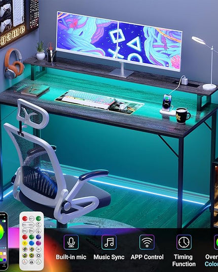 47 inch Computer Desk with Power Outlets, Gaming desk with LED Lights, Home Office Work Desk with Monitor Shelf, Modern Office Desk Study Writing Table for Small Spaces, Black Oak - LeafyLoom