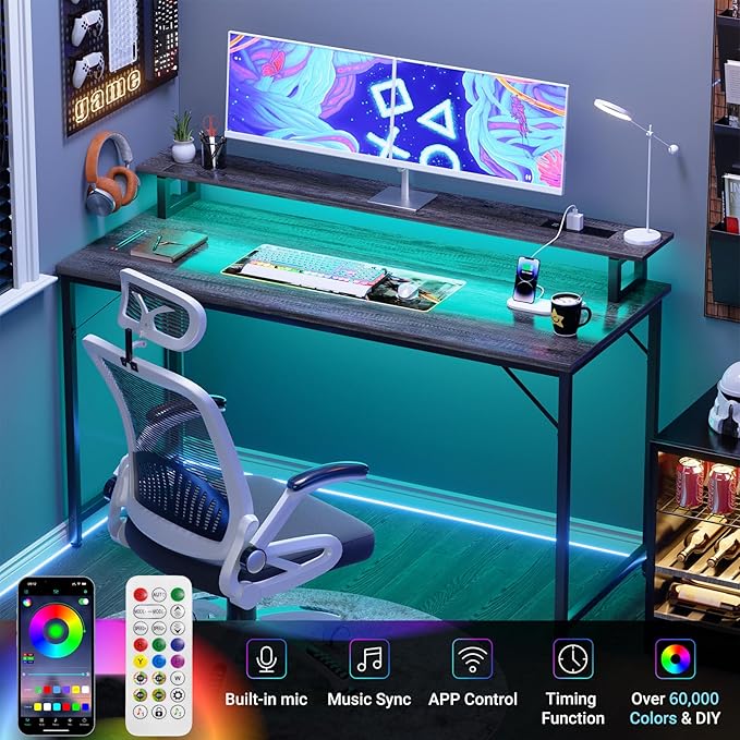 47 inch Computer Desk with Power Outlets, Gaming desk with LED Lights, Home Office Work Desk with Monitor Shelf, Modern Office Desk Study Writing Table for Small Spaces, Black Oak - LeafyLoom