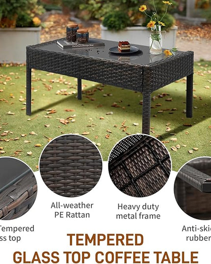 Outvita 4 Pieces Patio Furniture Set, Rattan Conversation Sets with Loveseat Soft Cushion and Glass Table for Garden Backyard Balcony Porch Poolside(Black) - LeafyLoom