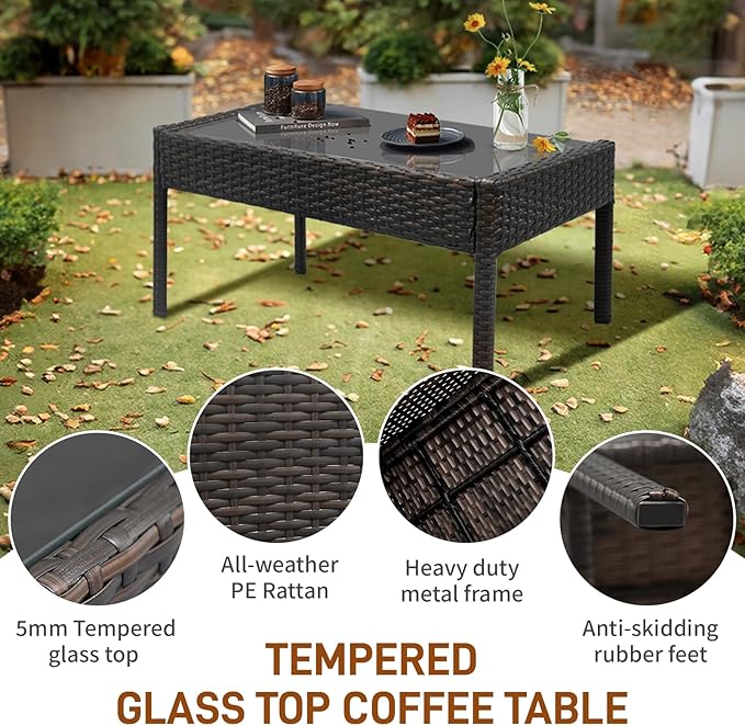 Outvita 4 Pieces Patio Furniture Set, Rattan Conversation Sets with Loveseat Soft Cushion and Glass Table for Garden Backyard Balcony Porch Poolside(Black) - LeafyLoom