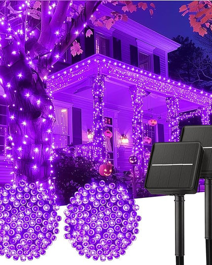 Minetom 2 Pack Solar Halloween Lights Outdoor, Total 80FT 200 LED Halloween String Lights with 8 Modes, Halloween Decoration Outdoor, Waterproof Solar String Lights for Outside Tree Yard Party, Purple Minetom