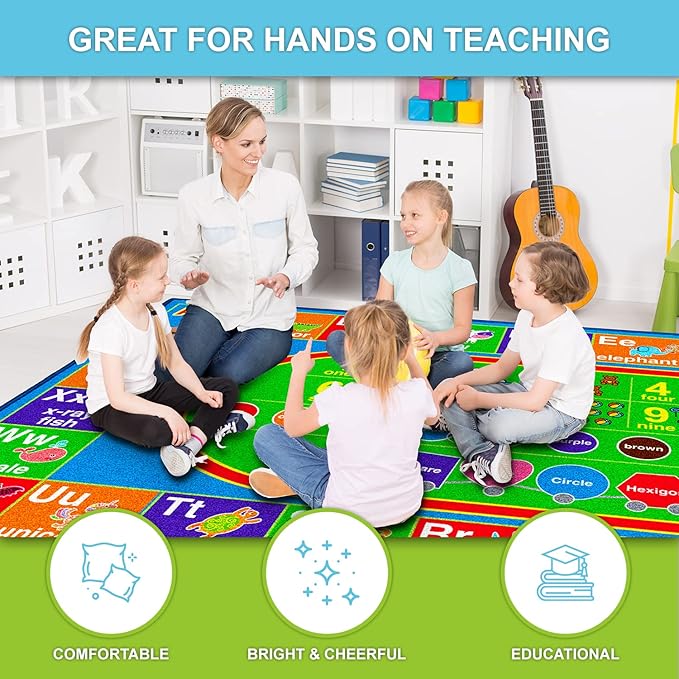ABC Alphabet Colors Shapes Numbers, Non Slip Kids Educational Rug Carpet for Boy & Girl, Fun Learning Classroom Playroom Bedroom, Playtime Activity Mat for Toddler Play Area Baby Playtime Activity - LeafyLoom