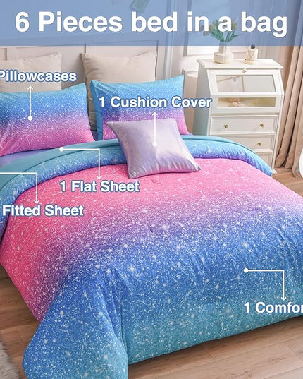 A Nice Night 6Pcs Gradient Glitter Bedding Set for Girls Full Size, Colorful Rainbow Galaxy Comforter Set, Ultra Soft Bedding Sets, Blue - LeafyLoom