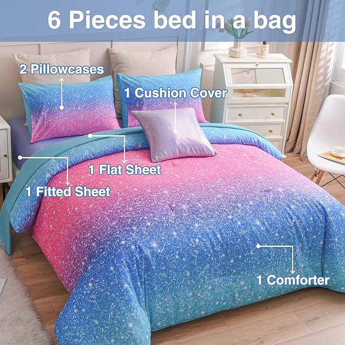 A Nice Night 6Pcs Gradient Glitter Bedding Set for Girls Twin Size, Colorful Rainbow Galaxy Comforter Set, Ultra Soft Bedding Sets, Blue - LeafyLoom