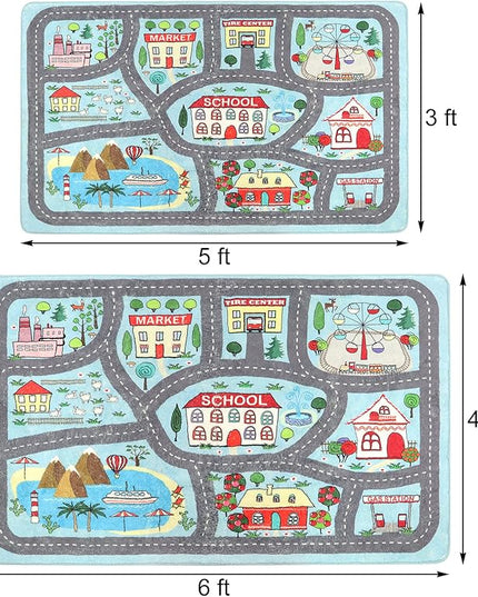 Playroom Rug Play Carpet 4’ x 6’, Blue Large Educational Children’s Play Mat, Learning & Have Fun Safely Non-Slip Washable Road Traffic Floor Area Carpet, Great for Kids Room Bedroom - LeafyLoom