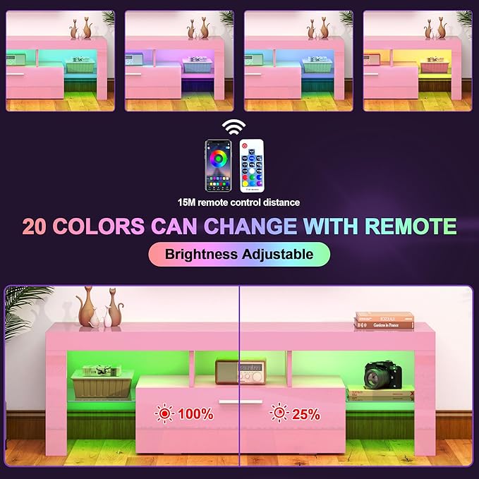 Clikuutory Pink LED TV Stand with Large Storage Drawer for 32 40 50 55 Inch TVs, Modern High gloss TV Console Table with Entertainment Center for Living Room, Bedroom, Pink - LeafyLoom