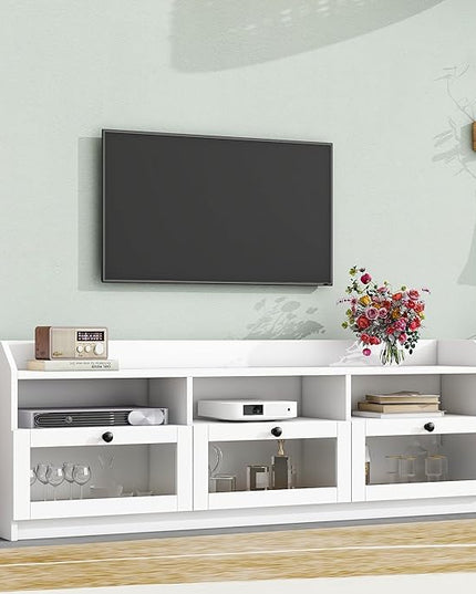Merax Sleek & Modern Design TV Stand with Acrylic Board Door and Black Handles, Chic Elegant Media Console for Television Up to 65", Ample Storage Space Cabinet, 63.0 inch Length, White - LeafyLoom