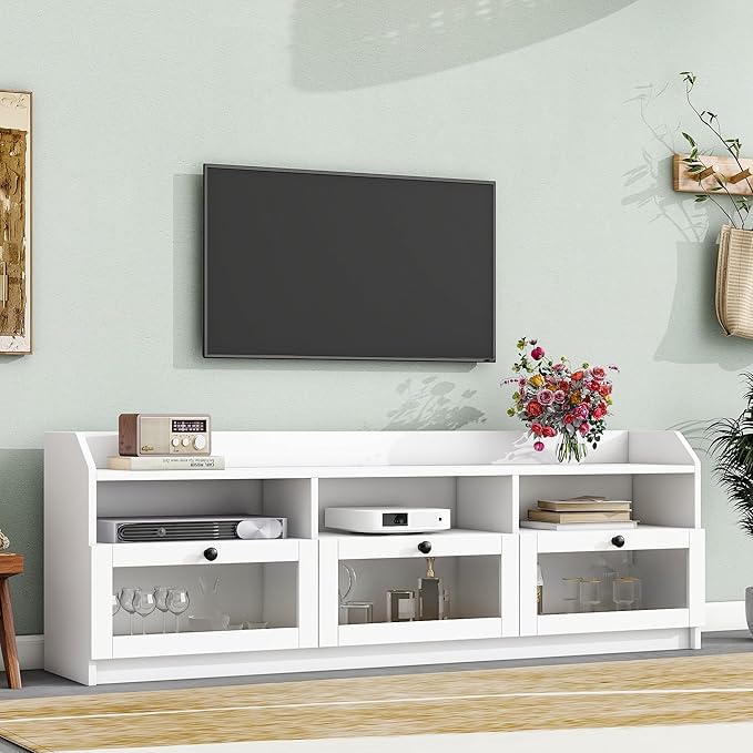 Merax Sleek & Modern Design TV Stand with Acrylic Board Door and Black Handles, Chic Elegant Media Console for Television Up to 65", Ample Storage Space Cabinet, 63.0 inch Length, White - LeafyLoom