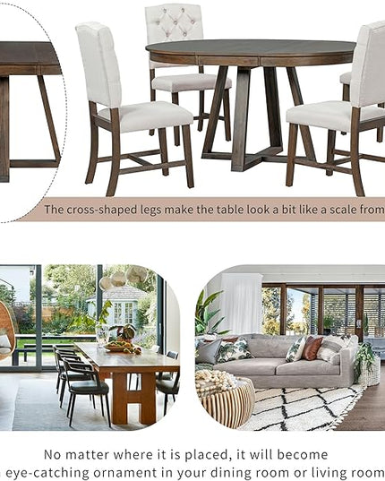 NicBex Small Dining Table Set for 4 Breakfast Nook Table Set 5-Piece Retro Functional Dining Set, Round Table with a 16" W Leaf and 4 Upholstered Chairs for Dining Room, Walnut - LeafyLoom