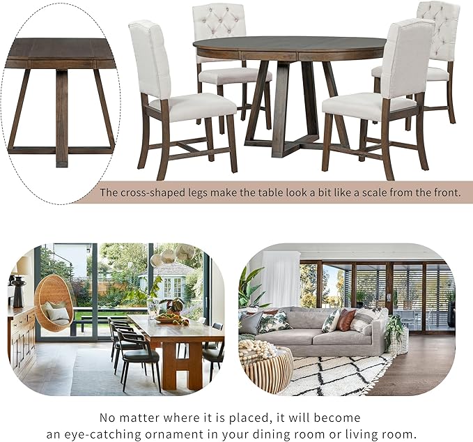 NicBex Small Dining Table Set for 4 Breakfast Nook Table Set 5-Piece Retro Functional Dining Set, Round Table with a 16" W Leaf and 4 Upholstered Chairs for Dining Room, Walnut - LeafyLoom
