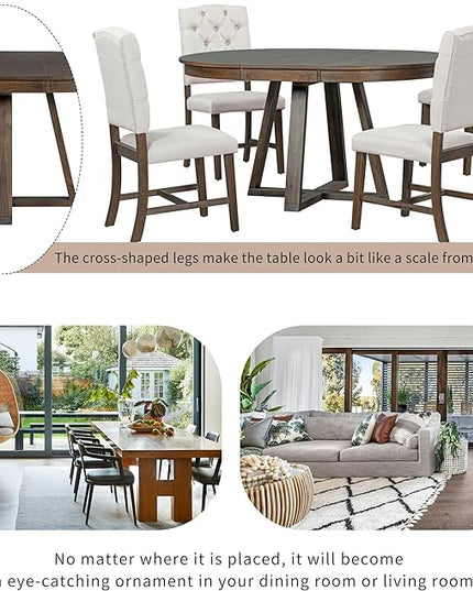 5-Piece Retro Style Extendable Wood Round Dining Table Set with 4 Upholstered Chairs for Kitchen, Breakfast Nook, Living Room, Walnut, 42"-58" L x 42" W x 30" H - LeafyLoom