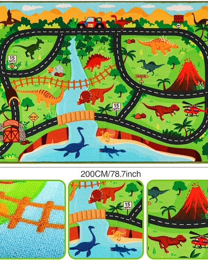 Kids Carpet Playmat Rug,78.7"x59" Dinosaur Car Rugs for Kids Toy Cars,Non Slip Dino Safari Road Map Kids Rug for Playroom Bedroom Boys,Kids Play Mat Road Rug,Track Rug Car Play Carpet for Kids - LeafyLoom