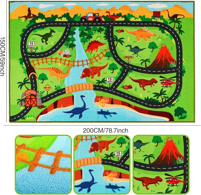 Kids Carpet Playmat Rug,78.7"x59" Dinosaur Car Rugs for Kids Toy Cars,Non Slip Dino Safari Road Map Kids Rug for Playroom Bedroom Boys,Kids Play Mat Road Rug,Track Rug Car Play Carpet for Kids - LeafyLoom