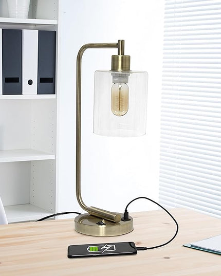 Simple Designs LD1066-ABS-LB Industrial Vintage Bronson Iron Lantern Desk Table Lamp with USB Port and Glass Cylinder Shade for Office, Living Room, Bedroom, Antique Brass, With Feit LED Bulb Included - LeafyLoom