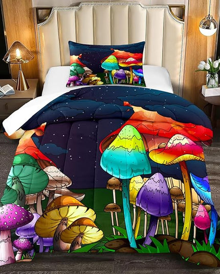 Mushroom Twin Comforter Set for Boys Cartoon Colorful Mushroom Bedding Set Night Sky Mushroom Comforter Set for Boys Bedroom All-Season Breathable Cute Mushroom Quilt with Pillowcase - LeafyLoom
