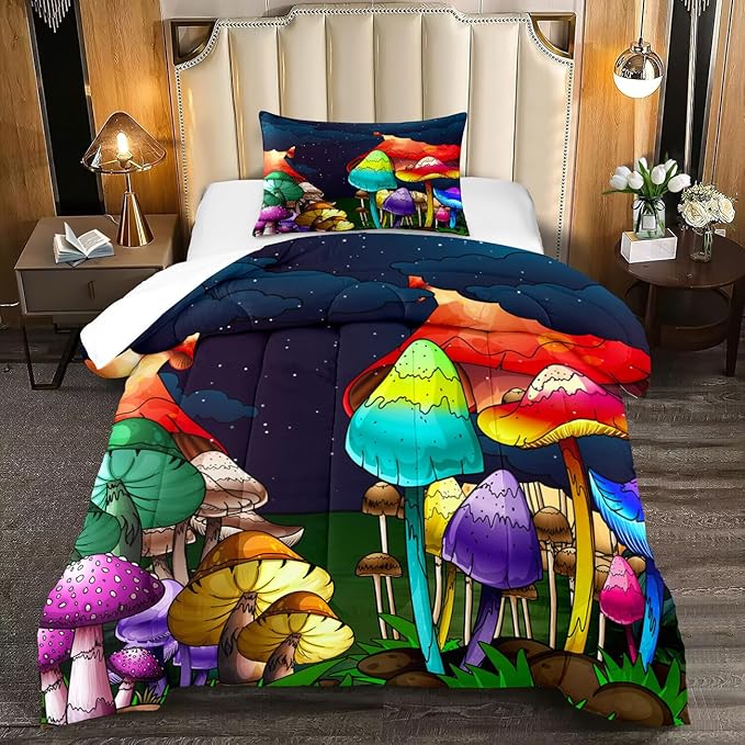 Mushroom Twin Comforter Set for Boys Cartoon Colorful Mushroom Bedding Set Night Sky Mushroom Comforter Set for Boys Bedroom All-Season Breathable Cute Mushroom Quilt with Pillowcase - LeafyLoom