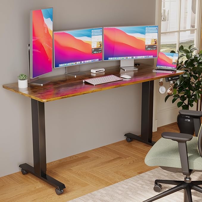 Electric Standing Desk 60 Inch, Ergonomic Height Adjustable Table with T-Shaped Metal Bracket Modern Computer Workstations for Home Office, Rustic Brown - LeafyLoom