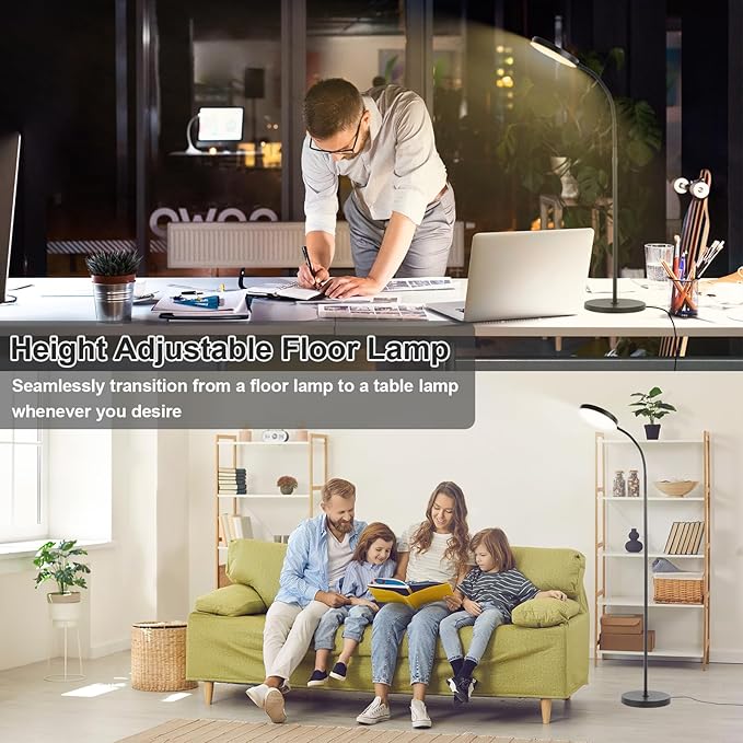 Floor Lamp, LED Floor Lamps for Living Room, Stepless Adjust Color Temperatures & Brightness Standing Lamp with Touch Control Tall Lamps Adjustable Gooseneck Reading Floor Lamp (Black) - LeafyLoom