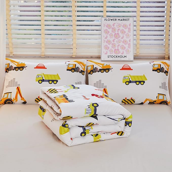 Kids Twin Comforter Set for Boys,Engineering Vehicle Comforter Set Twin,Tractor Comforter,Kids Crane Bedding Sets,Excavator Comforter with 2Pillowcases - LeafyLoom