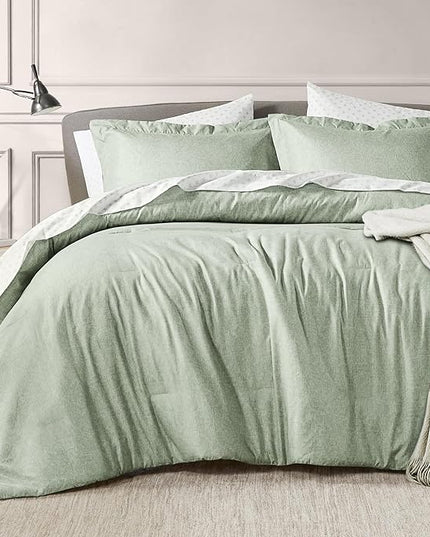 5 Pieces Twin Size Comforter Set with Sheets, Neutral Green Bed in a Bag, Modern Farmhouse Bedding Sets with Comforter, Flat & Fitted Sheet, Pillowcases & Shams - LeafyLoom