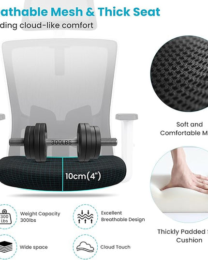 Office Chair Ergonomic Desk Chair High Back Computer Chair Swivel Mesh Task Chair with Adjustable Lumbar Support Armrests Headrest White - LeafyLoom