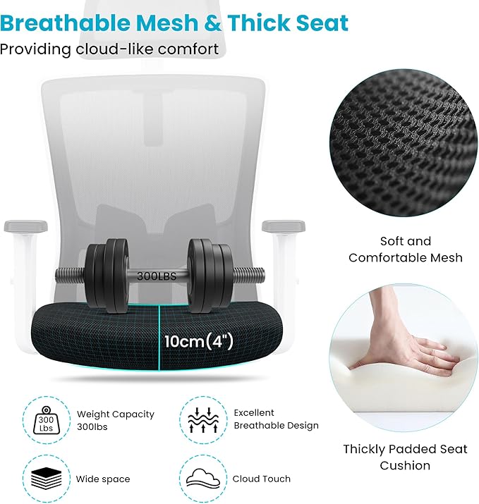 Office Chair Ergonomic Desk Chair High Back Computer Chair Swivel Mesh Task Chair with Adjustable Lumbar Support Armrests Headrest White - LeafyLoom