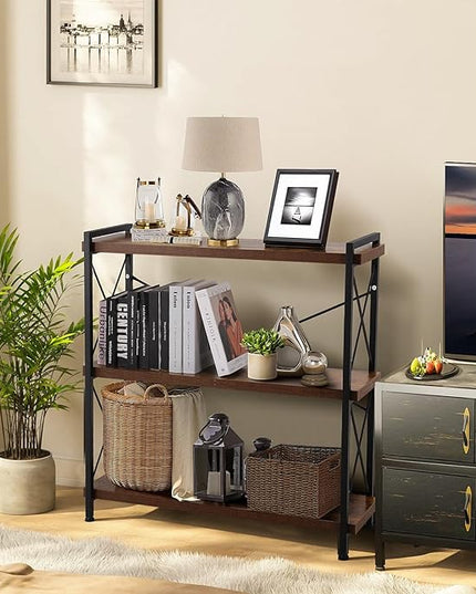 Small Shelf Industrial Bookshelf,3-Tier Wood Short Book Shelf Office Shelves with Metal Frame,Rustic Bookshelves Open Shelf Bookcase for Bedroom,Living Room,Office Home(Berry Brown) - LeafyLoom