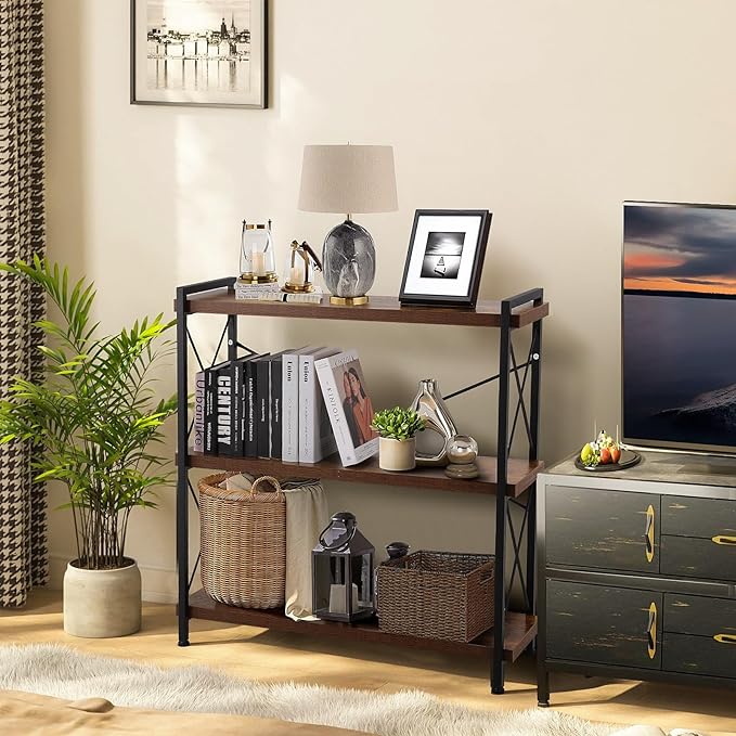 Small Shelf Industrial Bookshelf,3-Tier Wood Short Book Shelf Office Shelves with Metal Frame,Rustic Bookshelves Open Shelf Bookcase for Bedroom,Living Room,Office Home(Berry Brown) - LeafyLoom