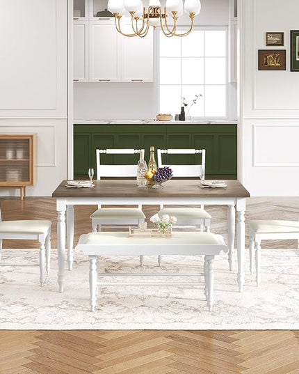 Retro Style 6 Piece Table Set with Turned Legs, Upholstered 4 Chairs & Bench, Rubber Wood, Easy Assembly and Maintenance, for Dining Room, Kitchen, Brown+White - LeafyLoom