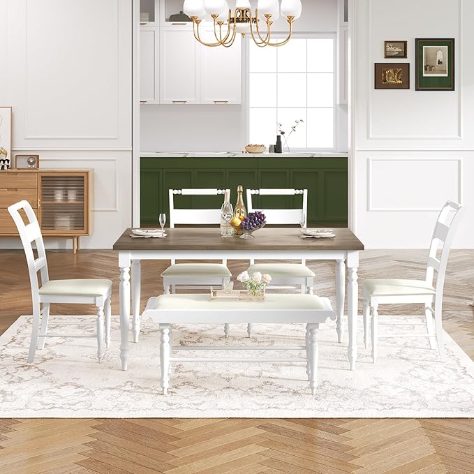 Retro Style 6 Piece Table Set with Turned Legs, Upholstered 4 Chairs & Bench, Rubber Wood, Easy Assembly and Maintenance, for Dining Room, Kitchen, Brown+White - LeafyLoom