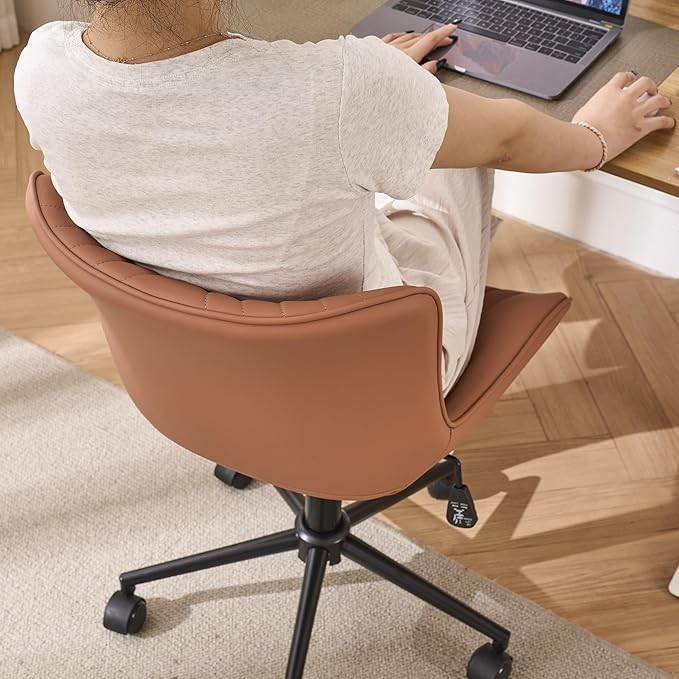YOUNIKE Pink Office Chair Armless, PU Leather Computer Task Chair, Cute Swivel Adjustable Home Desk Chair, Small Vanity Chiar with Wheels Mid Backrest 300LBS - LeafyLoom